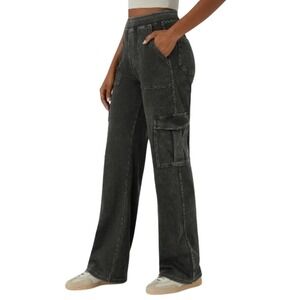 New HALARA Medium Regular Black Washed Flex Denim Wide Leg Pants Grunge Cargo